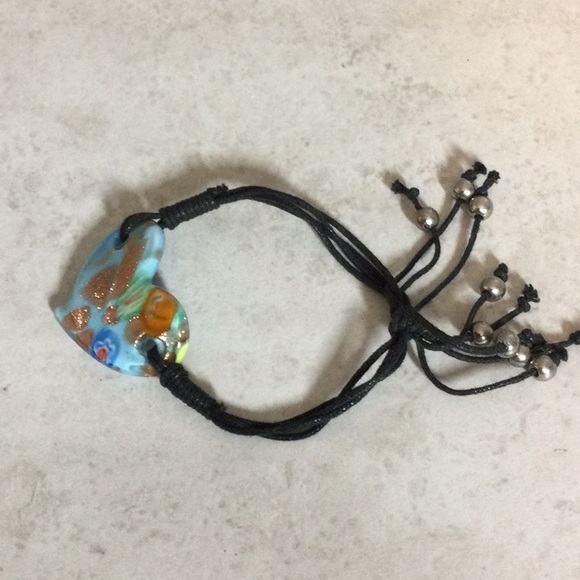 Blue cloisonné heart on black cord bracelet - Picture 3 of 8